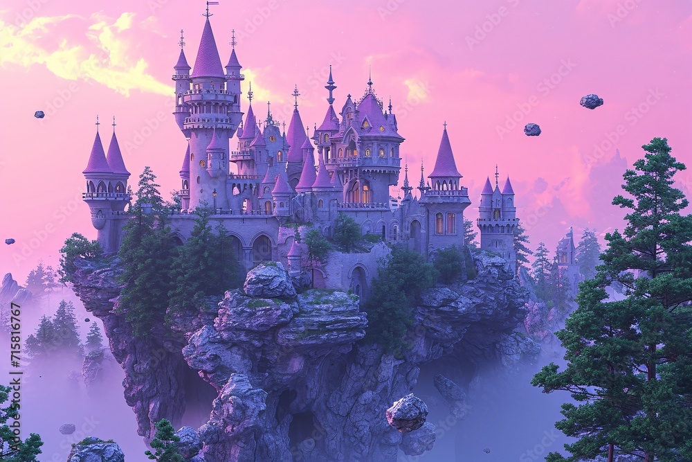 Fantasy Castle in the Sky: A Pink and Purple Dream Castle with a Space Shuttle Landing Generative AI