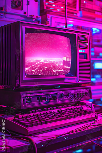 Vintage computer screen displaying 80s retro wave style background with vhs noise and glitch effects in bright purple colors.