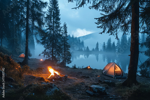 Nature landscape with fog, comfortable backpacking and camping scenery. Campsite with tent and burning bonfire in mountains and valley lakes in deep forests