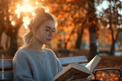 Autumn Reading: A Woman Enjoys a Book on a Bench Generative AI