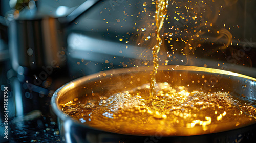 Hot oil splashing in a pan during cooking photo