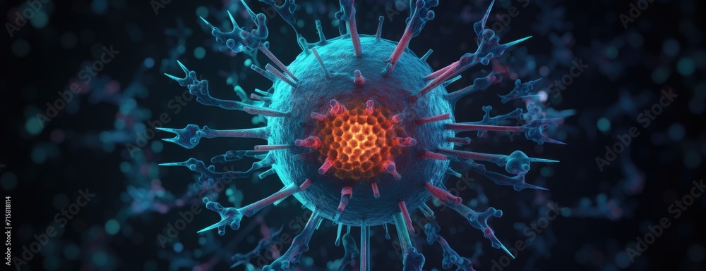 A detailed macro view showcasing the intricate features of red and blue microbial molecules, viruses, and bacteria.