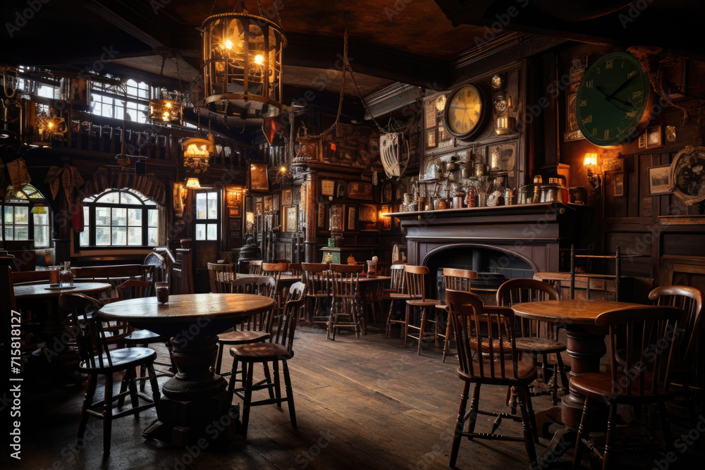 Traditional vintage pub interior. Restaurant with empty seats