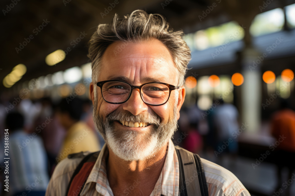 Portrait of happy senior man at railway station. Aged male passenger travelling Portrait of happy senior man at railway station. Aged male passenger travelling