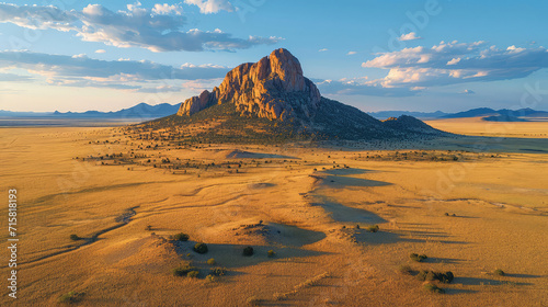 Golden sunlight bathing a lone mountain in a vast desert.