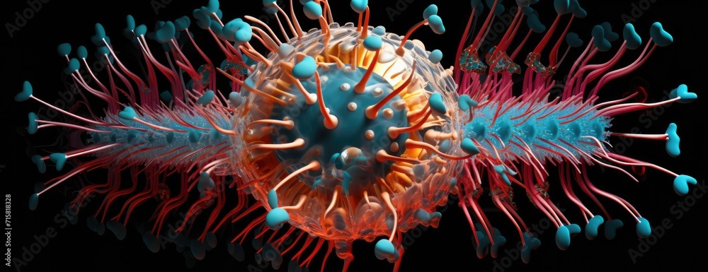 A detailed macro view showcasing the intricate features of red and blue microbial molecules, viruses, and bacteria.