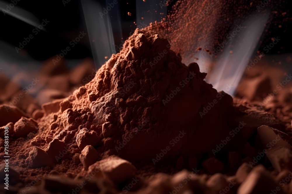 A macro shot of cocoa powder being sifted onto a surface, creating a fine layer of rich brown particles.