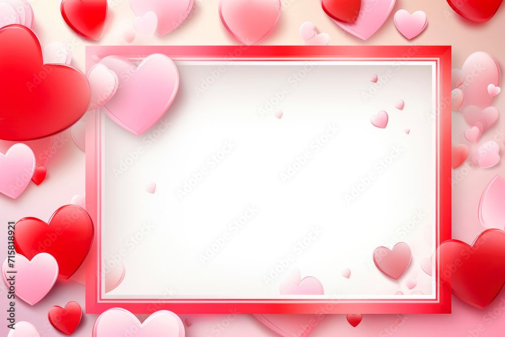 Background for text including frame. White, pink and red hearts on pink background. Top view of Valentine's Day, Mother's Day, birthday, Women's Day - themed greeting card. Symbol of love. Copy space