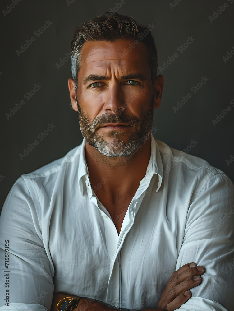 Handsome white man, green eyes, good physical condition, CEO, short beard, 45 years old, gray background. Realistic studio photography style. Advertising concept.