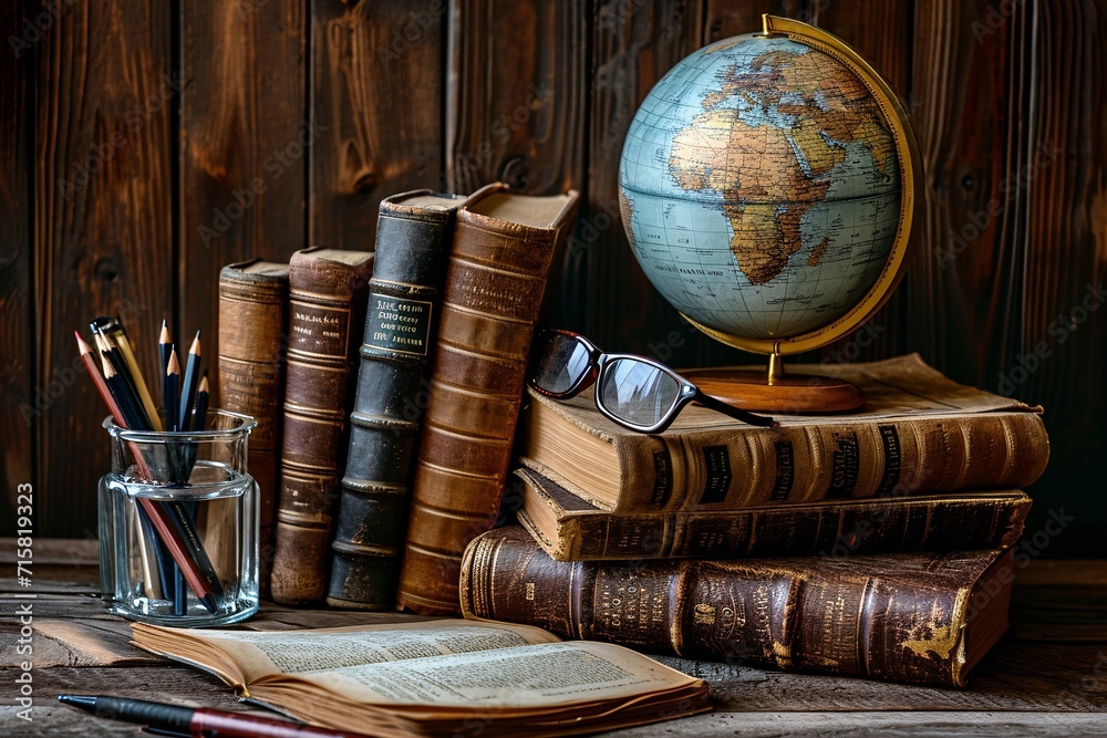 Worldly Reads: A Global Bookshelf with a Globe and Glasses Generative AI