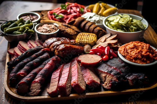 A traditional Texan barbecue feast, with perfectly smoked brisket, ribs, and sausage sizzling on the grill. photo