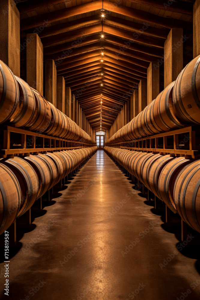 Long rows of oak wine barrels at the winery