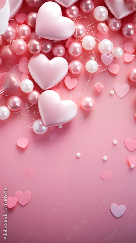 Pink holiday background with hearts, confetti, pearls and ribbons with copy space