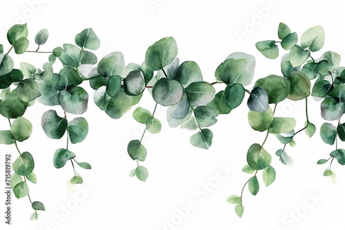 Eucalyptus leaves border. Watercolor illustration isolated on white. Greenery clipart for wedding invitation, greeting cards, save the date, stationery design. Hand drawn green herbs