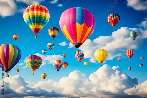 A colorful hot air balloon festival filling the Texas sky  with vibrant balloons floating against a backdrop of fluffy clouds.