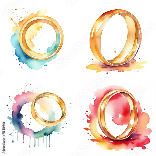 Set of watercolor golden rings. Shining gold accessories in png format isolated on white background. Ai generated illustration.

