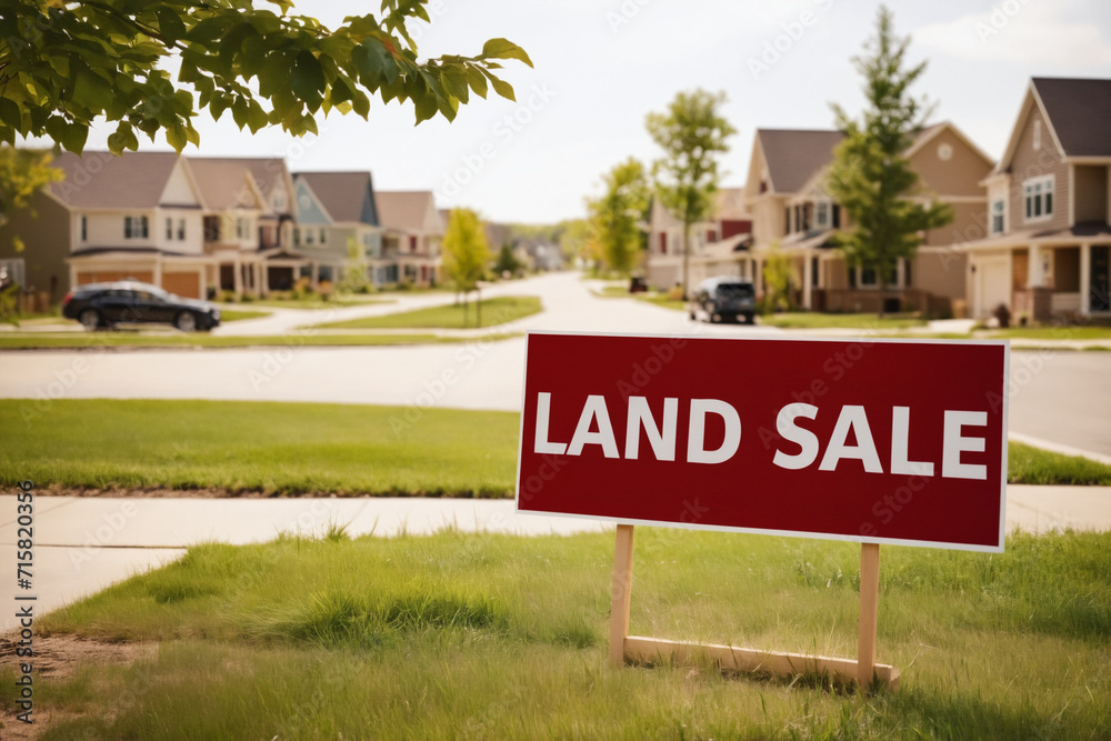 Land Sale Sign on Vacant Lot or Lawn in a Suburb with Modern Houses with Traditional Design. Real Estate Property, Mortgage, Housing Market and Home Ownership Concept. Land Sale Sign on Vacant Lot or Lawn in a Suburb with Modern Houses with Traditional Design. Real Estate Property, Mortgage, Housing Market and Home Ownership Concept.