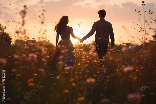 A couple holding hands, walking through a field of wildflowers, their love blooming alongside nature.