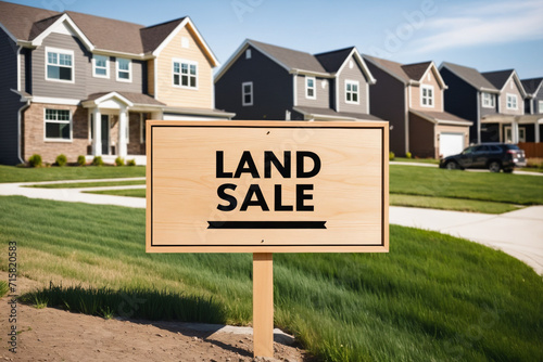 Close-Up of Wooden Land Sale Sign on Vacant Lot or Lawn in a Suburb with Modern Houses with Traditional Design. Real Estate Property, Mortgage, Housing Market and Home Ownership Concept.