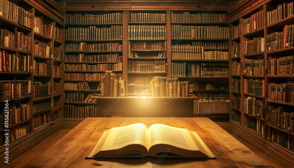 Fototapeta premium A Glowing Book in a Library: A Celebration of Reading and Learning Generative AI