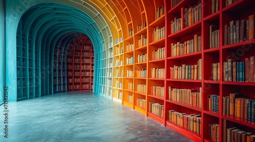Colorful Bookshelves with Rainbow Books: A Modern Library Design Generative AI