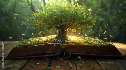 A Book-Shaped Tree with Yellow Leaves and Butterflies Generative AI