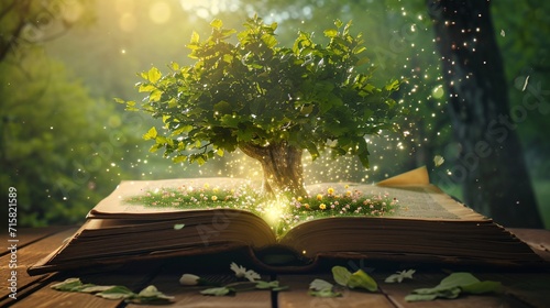 A Book of Life: A Tree Growing Out of the Pages Generative AI photo