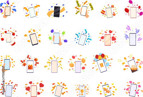 Phone confetti icons set cartoon vector. Party smart. Gadget screen win