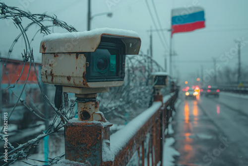 There is a CCTV camera and barbed wire against the background of the Russian flag