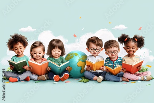 Reading for the Win: A Group of Children Reading Books Together Generative AI photo