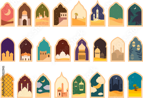 Arch window mosque muslim building icons set cartoon vector. Islamic shape. Arabic stone house
