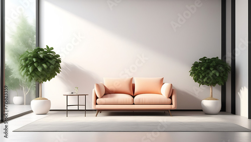 Modern living room interior sofa,and plants in light peach colour, pantone photo