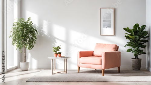 Modern living room interior with armchair ,table, picture and plants in light peach colour, pantone