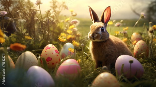 A easter bunny sits in the sunlight or beams in a meadow of a easter wallpaper with easter eggs 