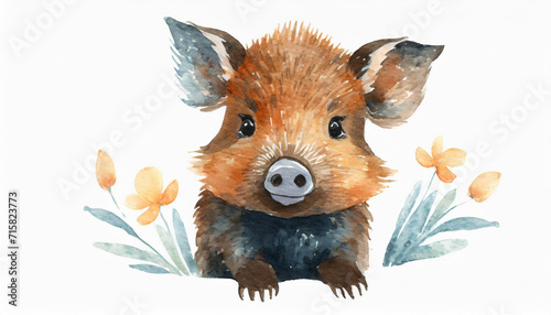 A flat illustration with a baby boar on a white background. The concept of wildlife, watercolor photo
