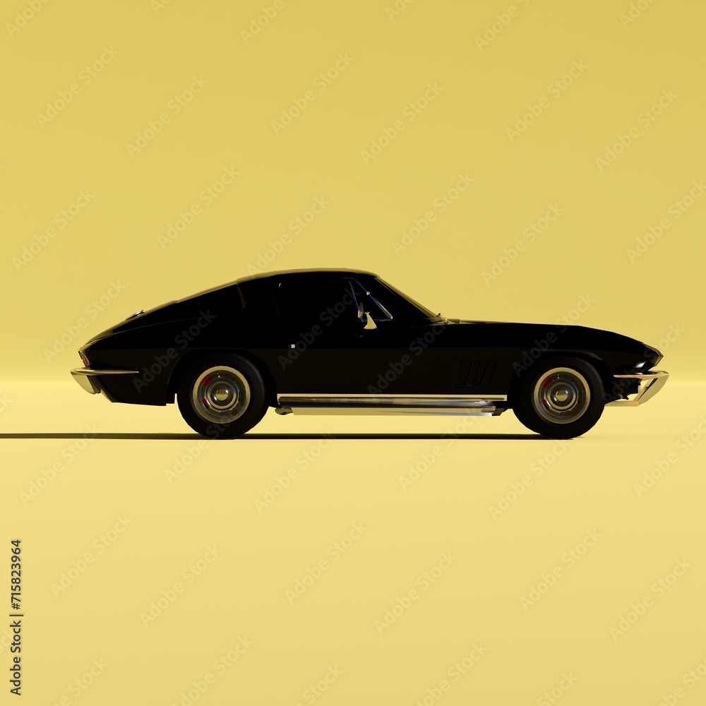 car background, black c2 1963 isolated on a yellow background, side view, america car, 4k Square