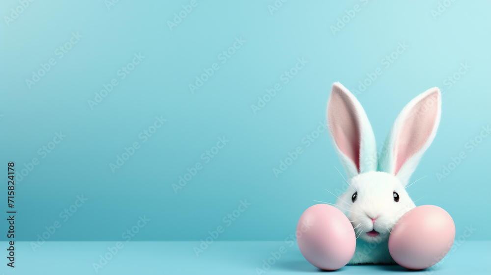 Obraz premium One pastel colored easter eggs and bunny ears on a isolated blue background 
