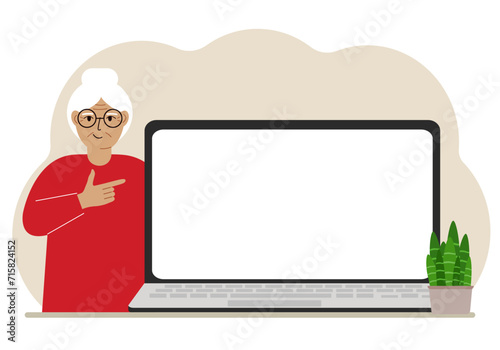 A woman next to a large laptop with plenty of space for text.