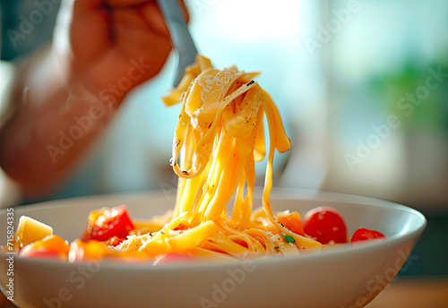 A person eating linguine with tomatoes in a bowl, closeup, in daylight