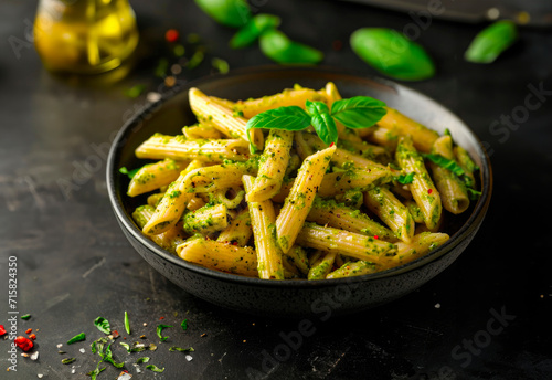 Penne with pesto sauce in a black bowl, on top of a table, olive oil in the background