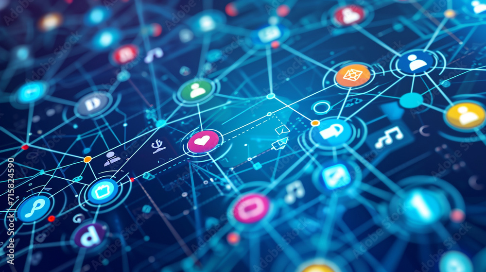 A vibrant depiction of a social media network with icons and avatars, network, dynamic and dramatic compositions, with copy space A vibrant depiction of a social media network with icons and avatars, network, dynamic and dramatic compositions, with copy space