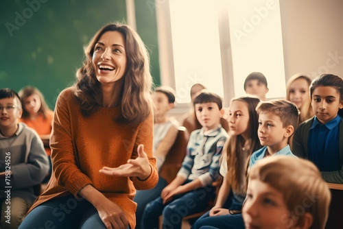 A teacher leading a class discussion, encouraging students to express their thoughts and opinions.