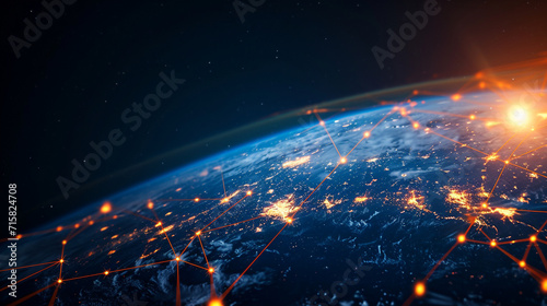 A glowing globe with lines connecting different countries  symbolizing a global network  network  dynamic and dramatic compositions  with copy space