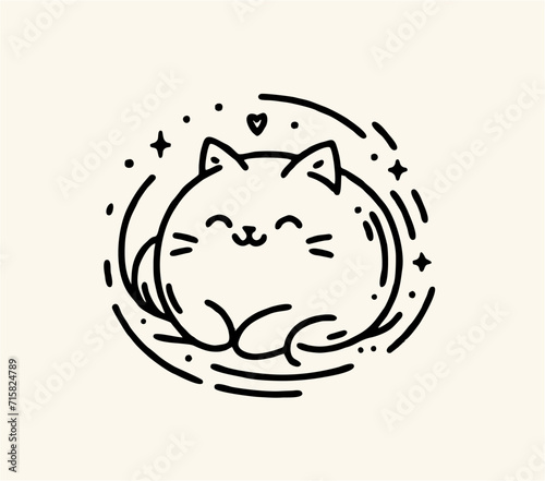 Adorable Cute Cat Laying Pose Vector Line Drawing Illustration