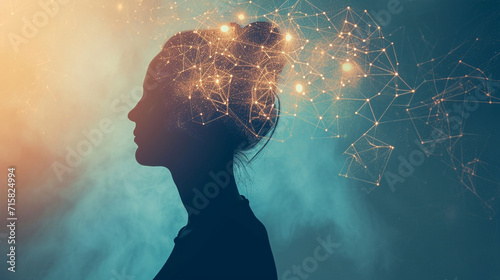 A silhouette of a person with a network of connections emanating from their head, network, dynamic and dramatic compositions, with copy space