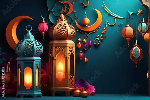 Decorative Arabic lanterns with burning candles at Half moon Shining golden bokeh lights, Eid Mubarak, Ramadan eid dul fitar Muslim holy month Ramadan Kareem, Black dark Oily background photo