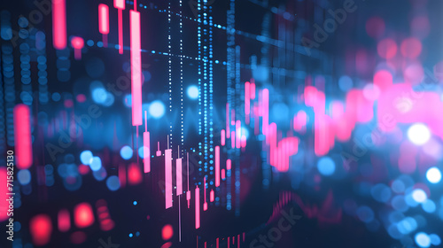 Close up growing forex chart on blue bokeh grid background. Trade, money, finance and success concept