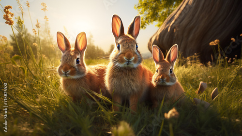 A family of rabbits sits in the sunlight or beams in a field of grass of a nature background  © pangamedia