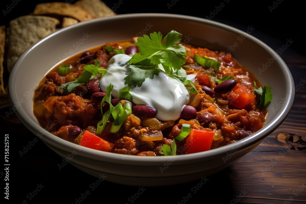 A bowl of hearty vegetable chili, packed with beans, tomatoes, and a medley of spices, topped with a dollop of sour cream.