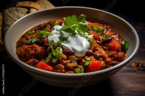 A bowl of hearty vegetable chili, packed with beans, tomatoes, and a medley of spices, topped with a dollop of sour cream.